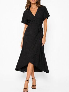 NATION LTD True Wrap Dress Flutter Short Sleeve Hi-Low Black Leopard Women Small
